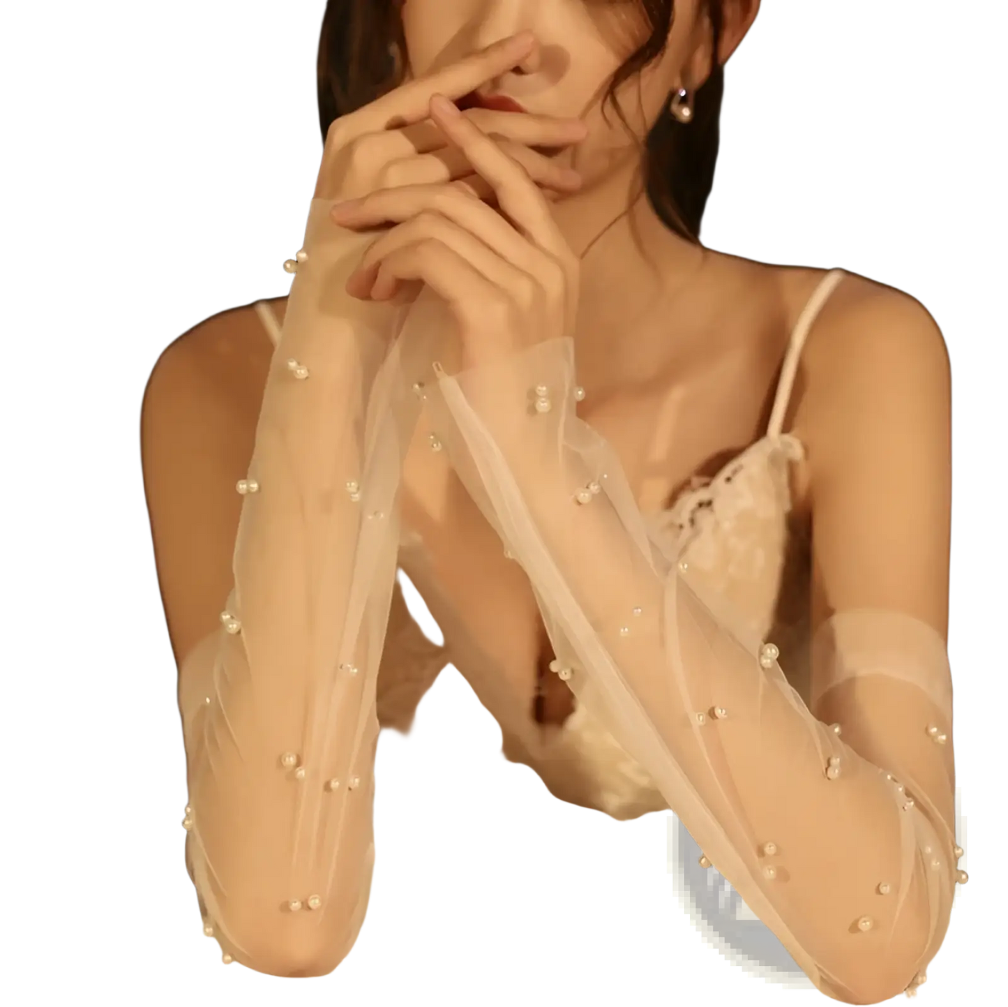 Elegant Pearl Embellished Sheer Mesh Bridal Gloves