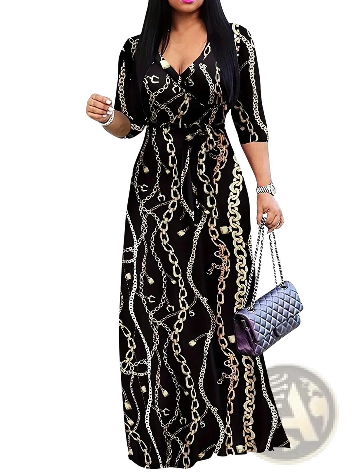 Elegant Printed Three Quarter Sleeve Maxi Dress