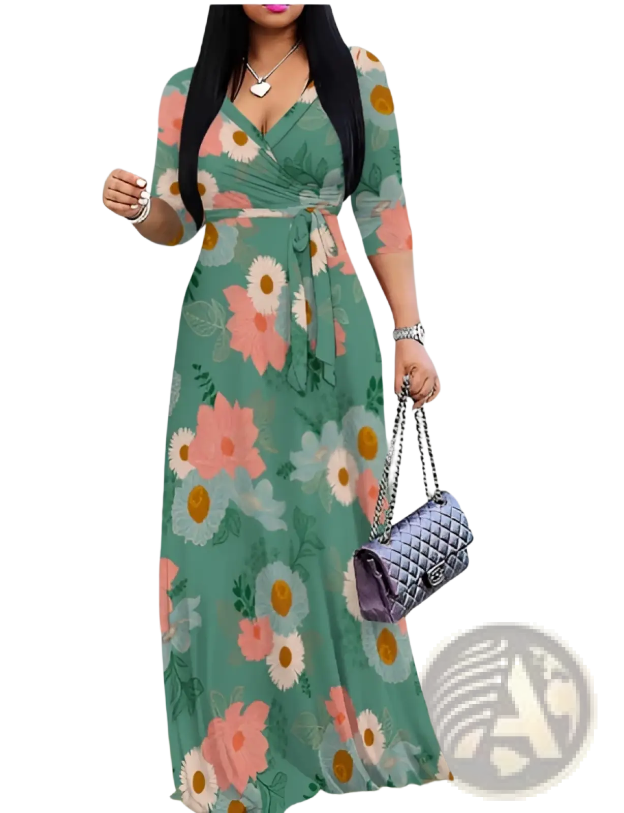 Elegant Printed Three Quarter Sleeve Maxi Dress