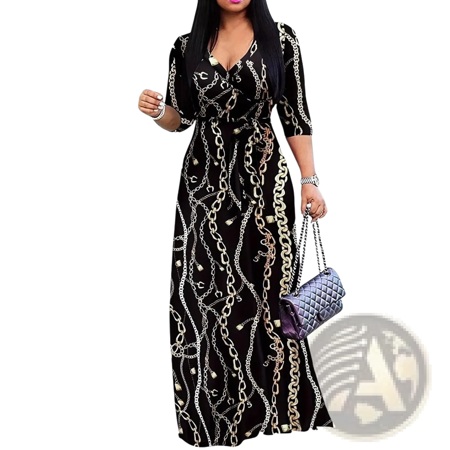 Elegant Printed Three Quarter Sleeve Maxi Dress