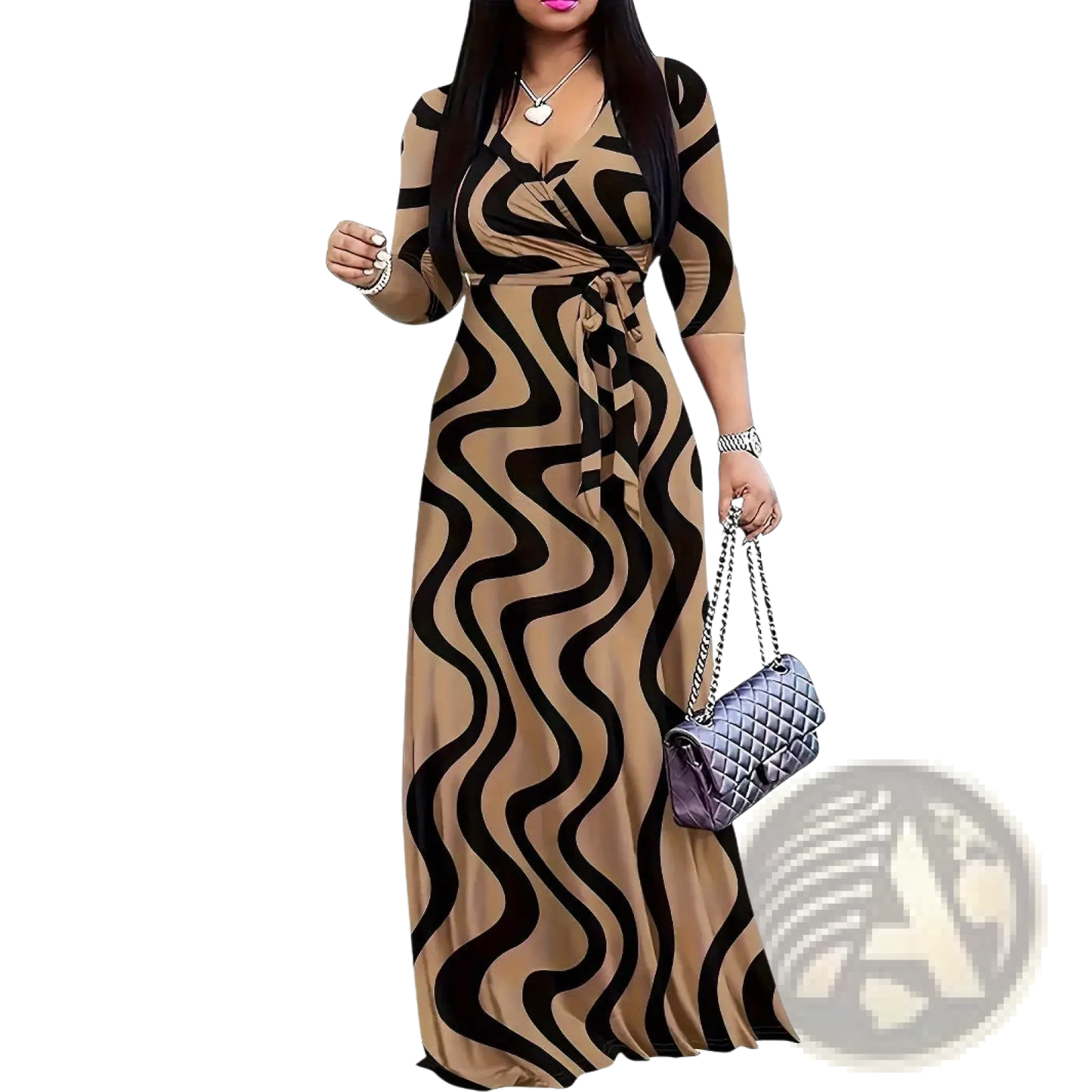 Elegant Printed Three Quarter Sleeve Maxi Dress
