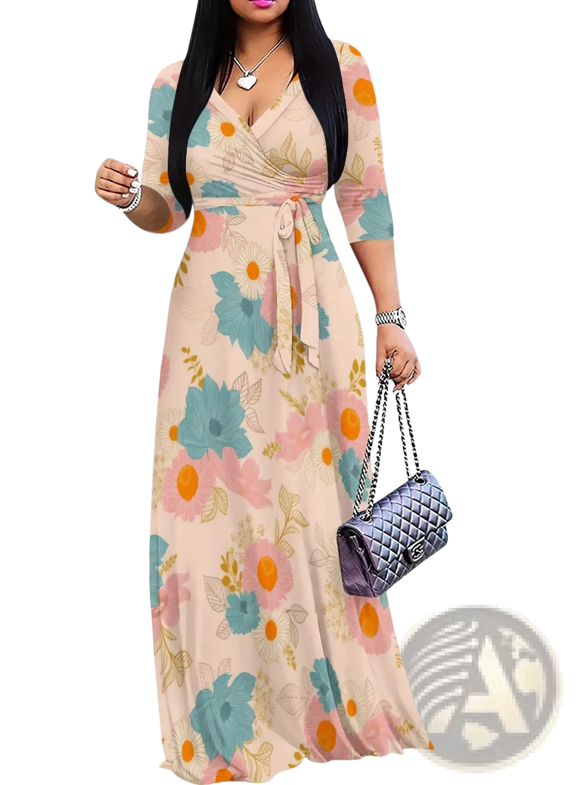 Elegant Printed Three Quarter Sleeve Maxi Dress
