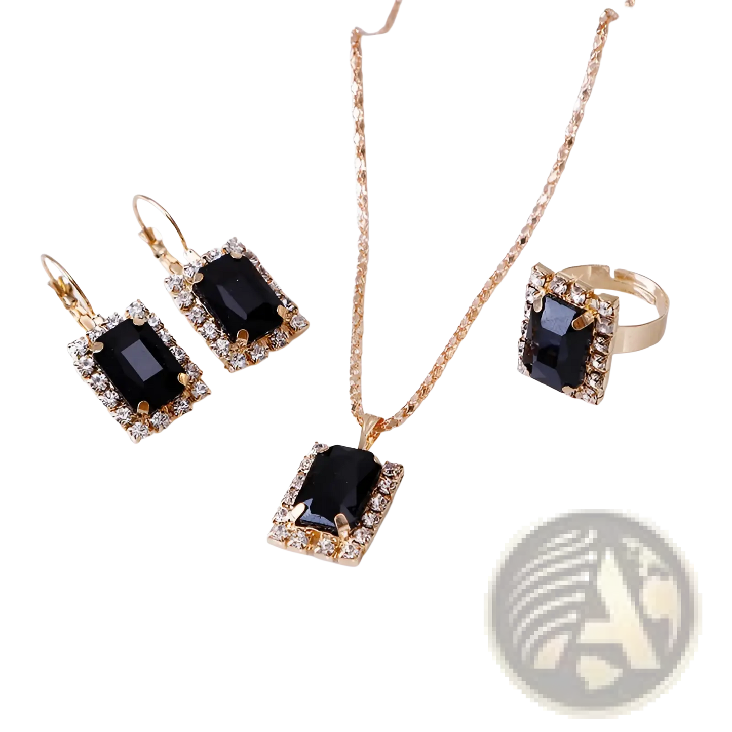 Elegant Rectangular Gemstone Gold Jewelry Three Piece Set