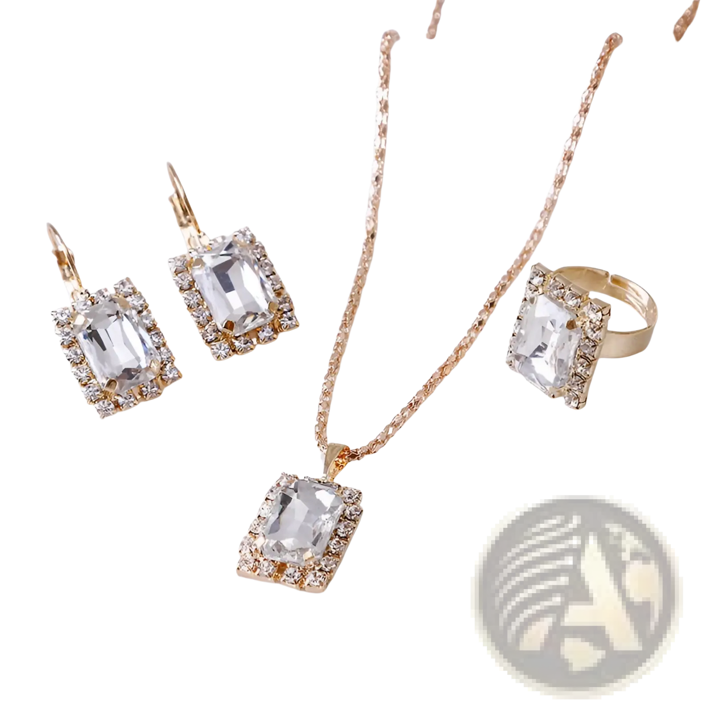 Elegant Rectangular Gemstone Gold Jewelry Three Piece Set