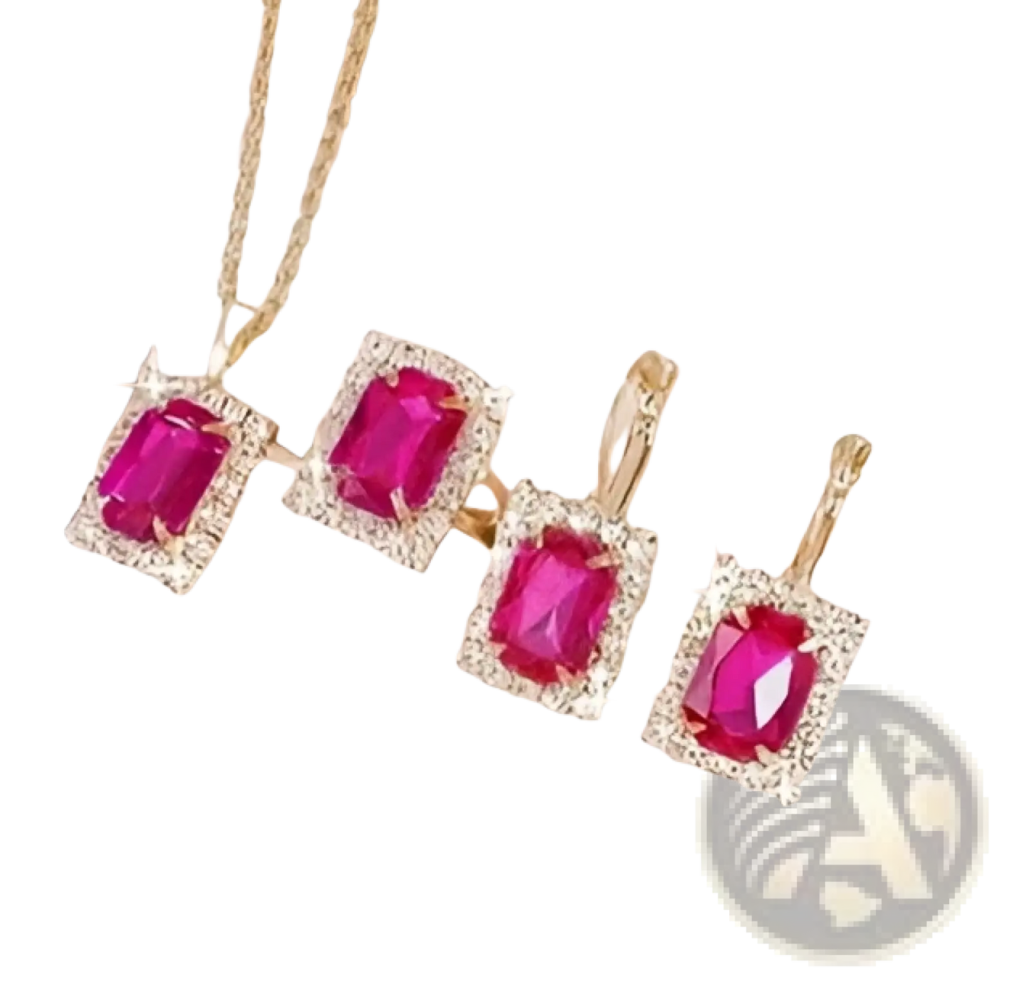 Elegant Rectangular Gemstone Gold Jewelry Three Piece Set