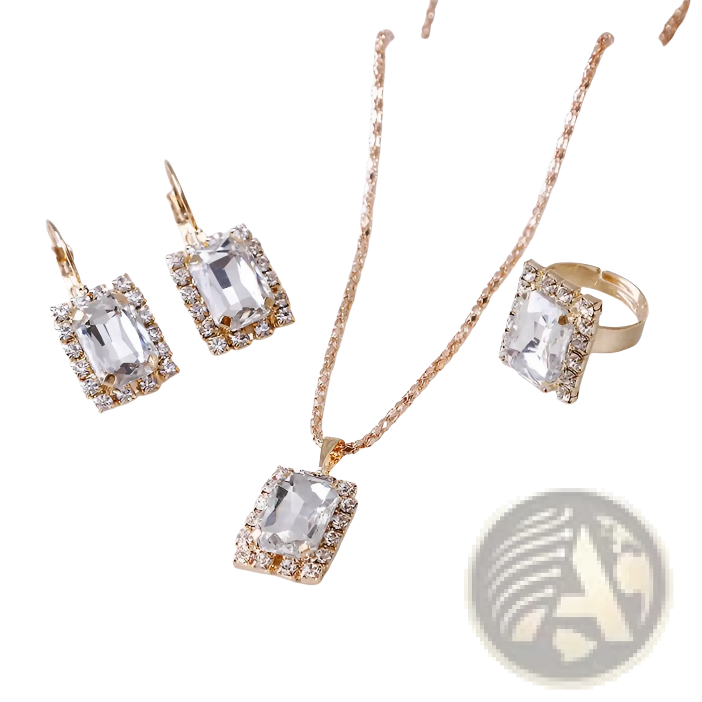 Elegant Rectangular Gemstone Gold Jewelry Three Piece Set