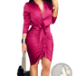 Elegant Satin v Neck Long Sleeve Ruched Midi Shirt Dress