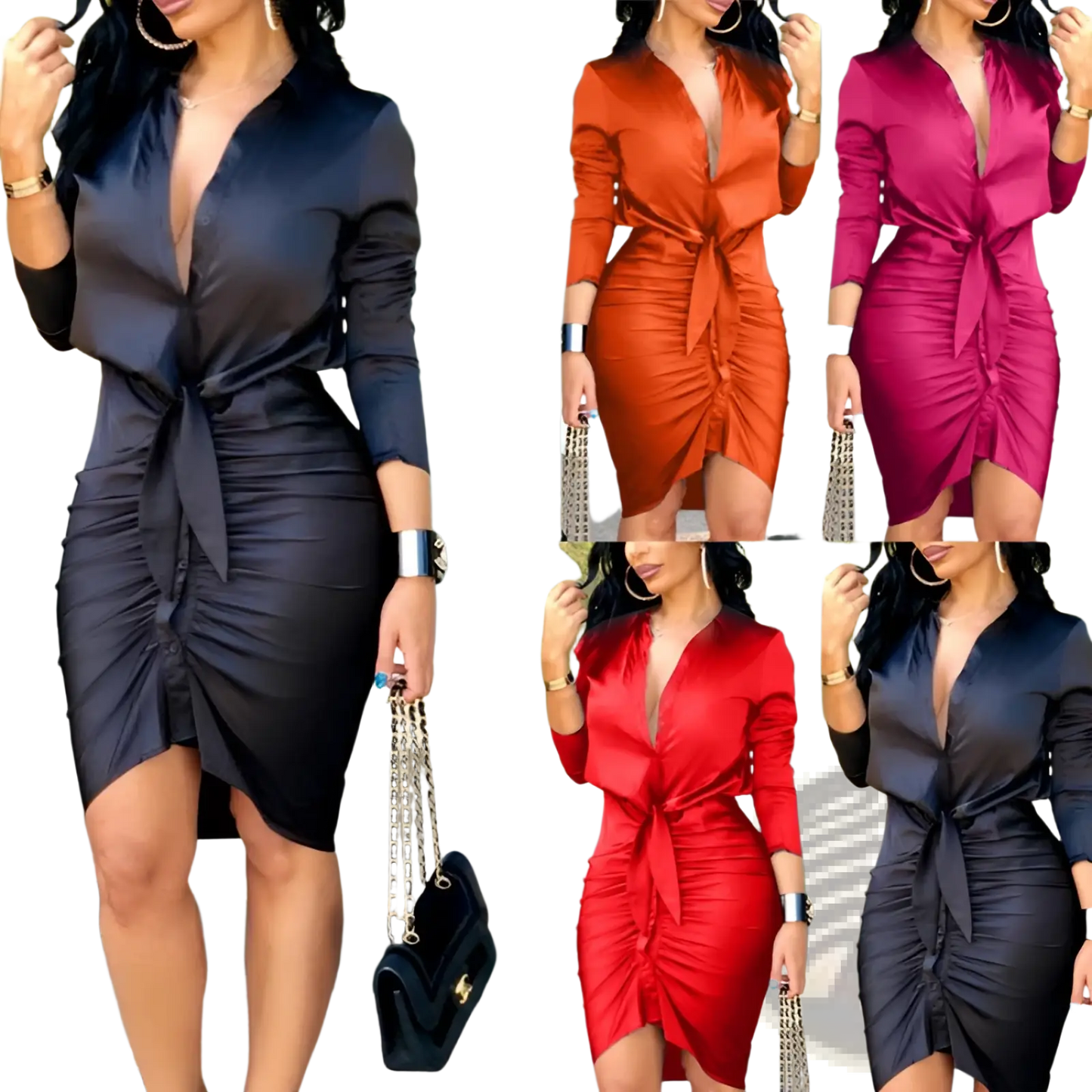 Elegant Satin v Neck Long Sleeve Ruched Midi Shirt Dress