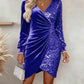 Gold Velvet Sequin v Neck Long Sleeve Wrap Dress