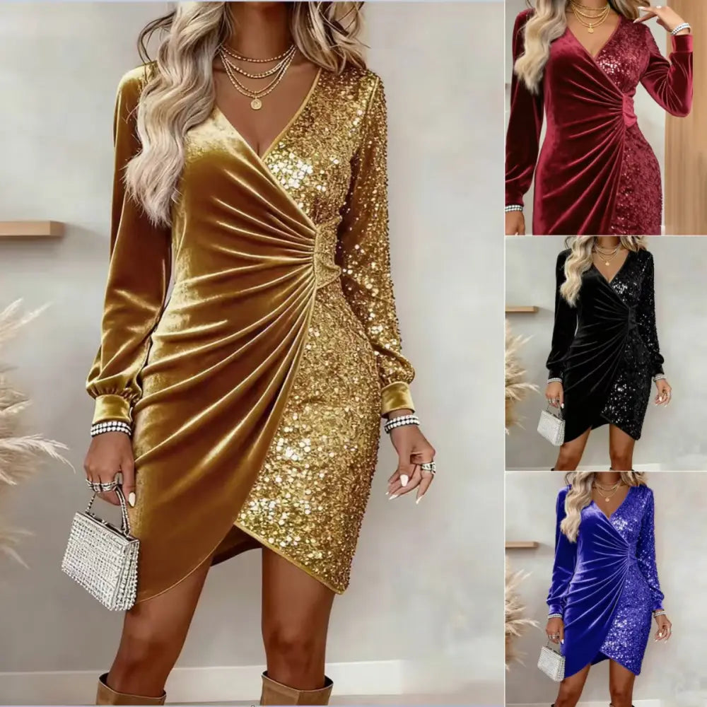 Gold Velvet Sequin v Neck Long Sleeve Wrap Dress