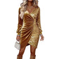 Gold Velvet Sequin v Neck Long Sleeve Wrap Dress
