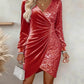 Gold Velvet Sequin v Neck Long Sleeve Wrap Dress