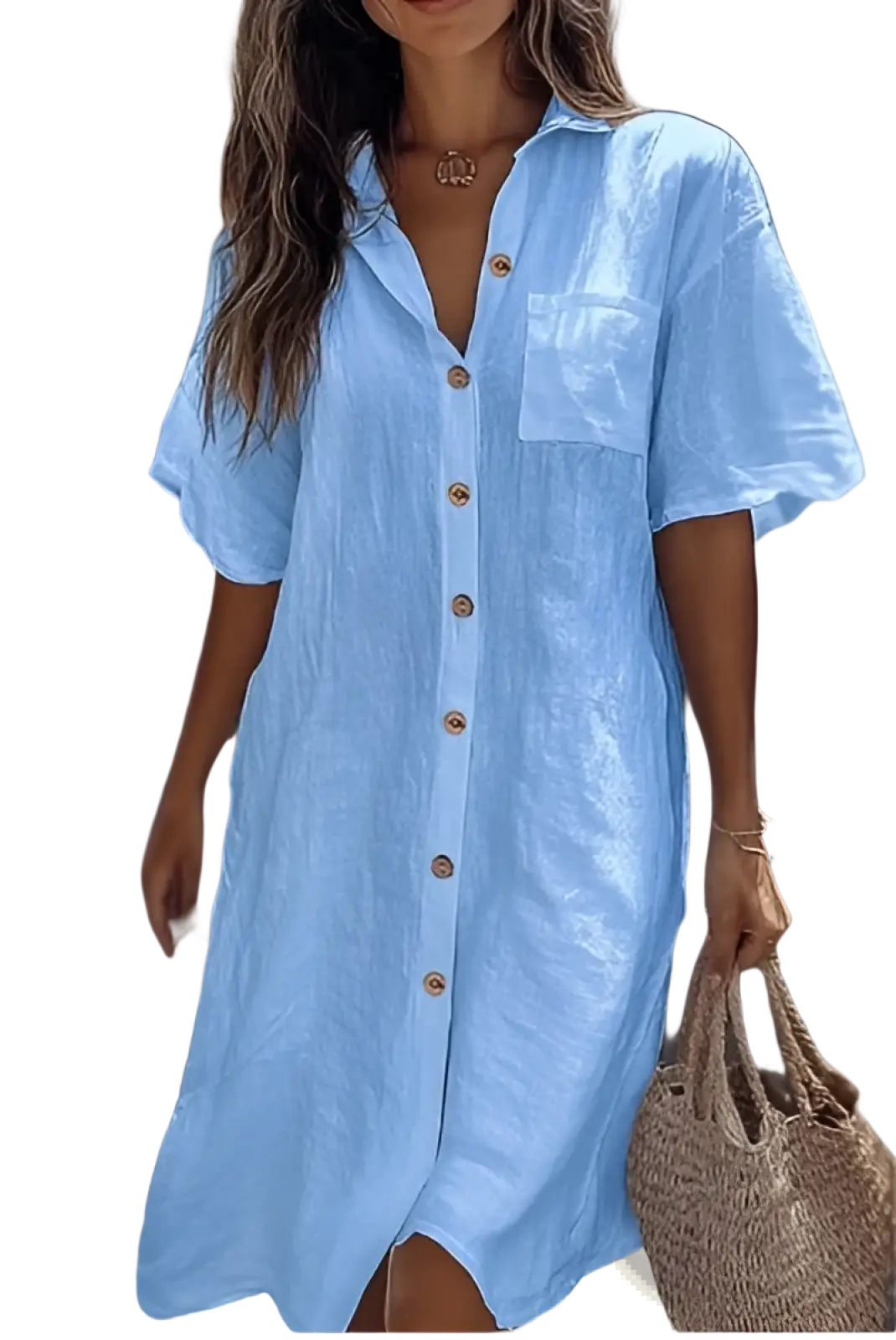 Elegant Short Sleeve Button Down Linen Shirt Dress