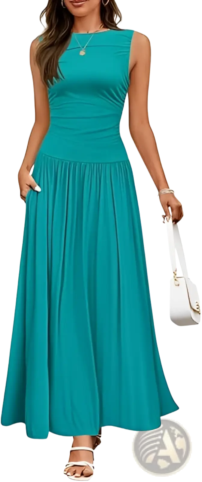 Elegant Sleeveless Pleated Maxi Dress with Pockets