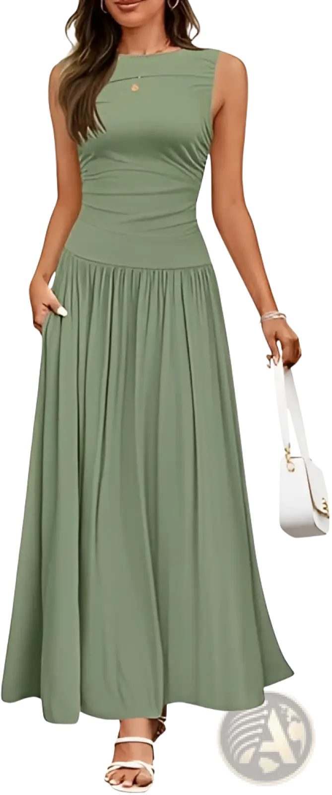 Elegant Sleeveless Pleated Maxi Dress with Pockets