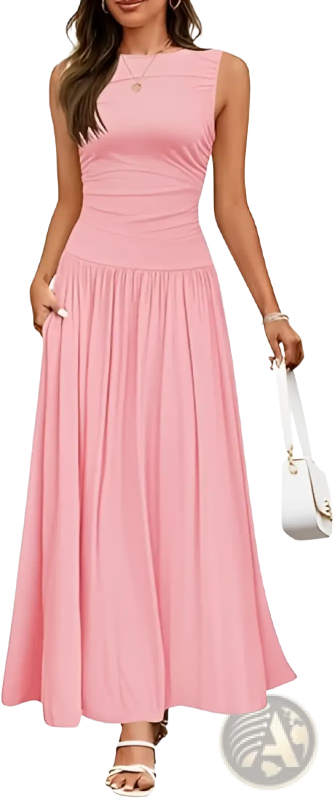 Elegant Sleeveless Pleated Maxi Dress with Pockets