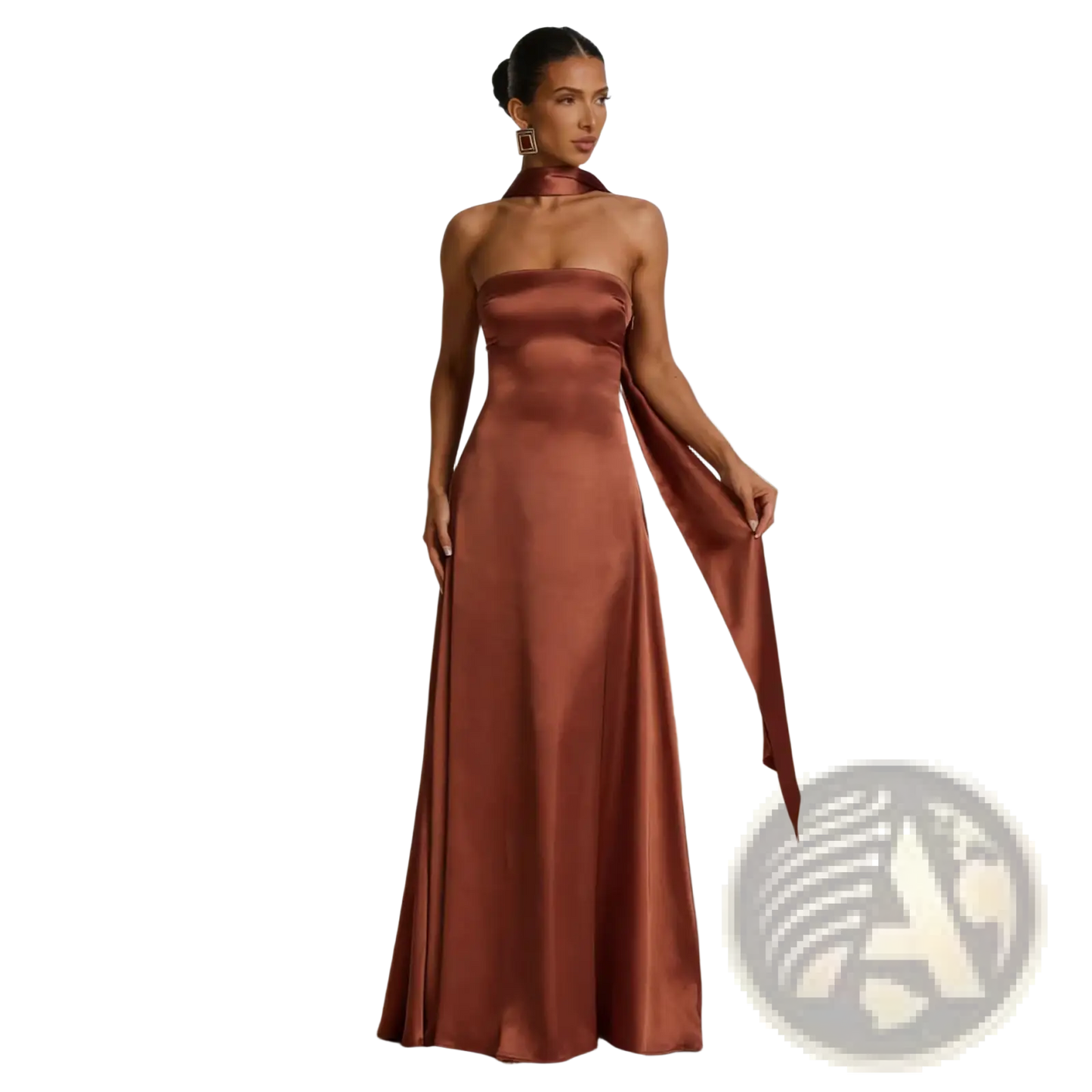 Elegant Strapless Satin Evening Gown with Draped Neckline