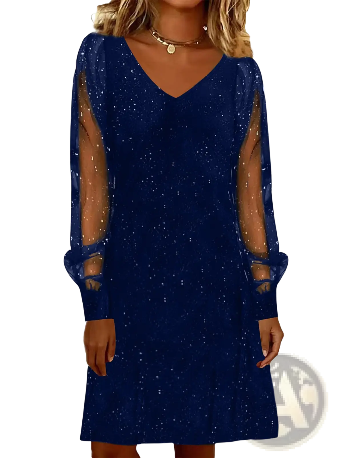 Elegant v Neck Mesh Sleeve Shimmering Mini Party Dress