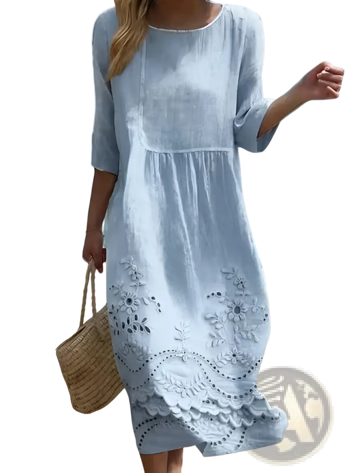 Embroidered Blue Linen Floral Scalloped Umbrella Dress