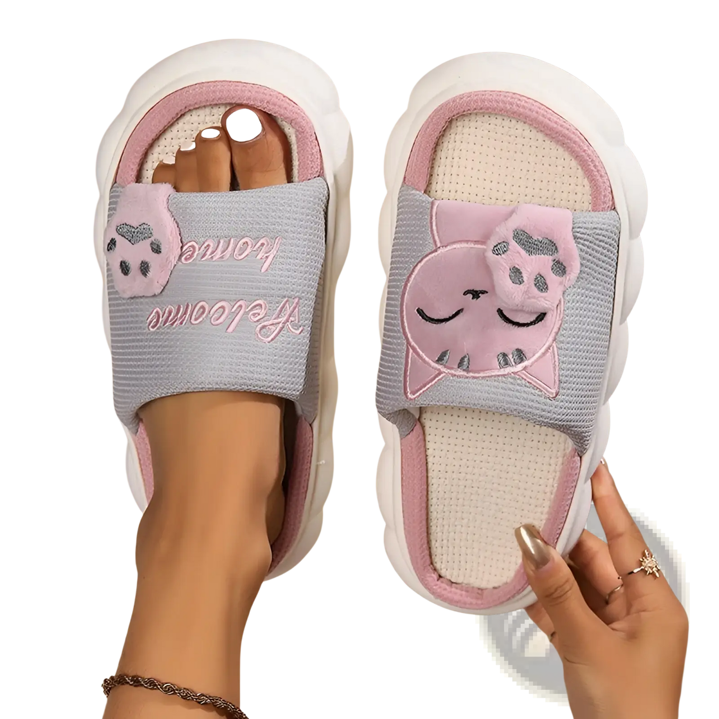 Embroidered Cat Cartoon Unisex Anti Slip Slide Slippers