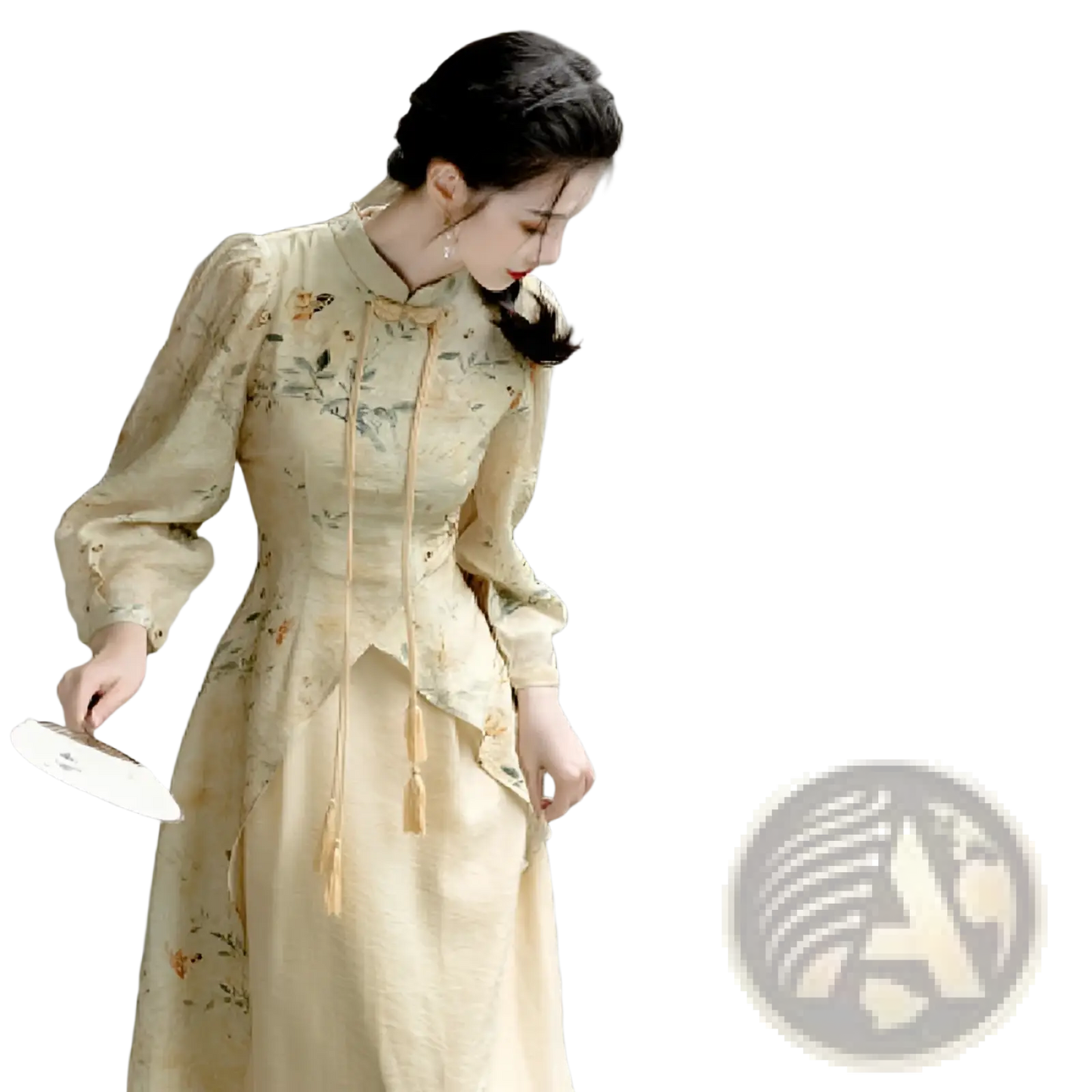 Embroidered Floral Apricot Cheongsam Dress with Tassels