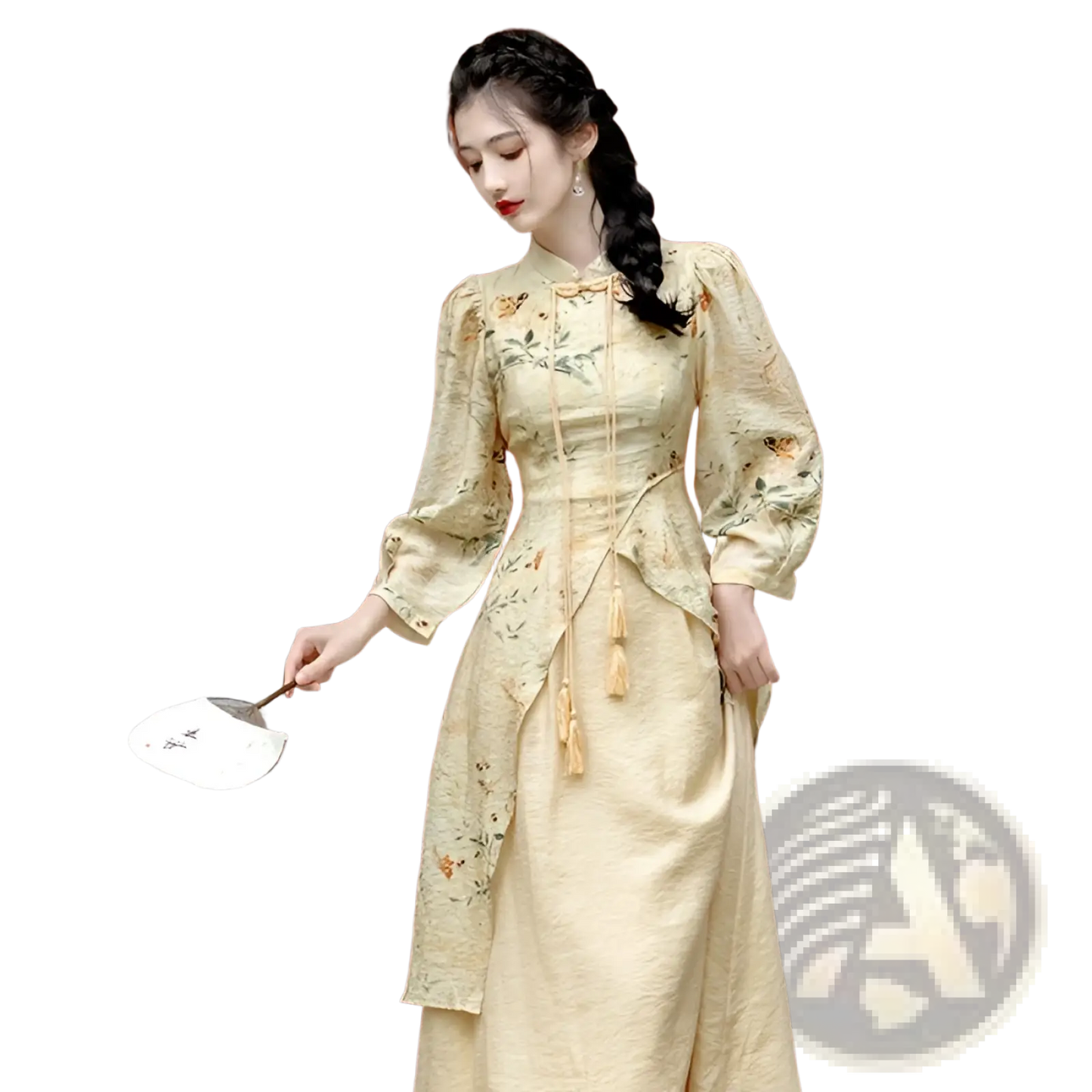 Embroidered Floral Apricot Cheongsam Dress with Tassels