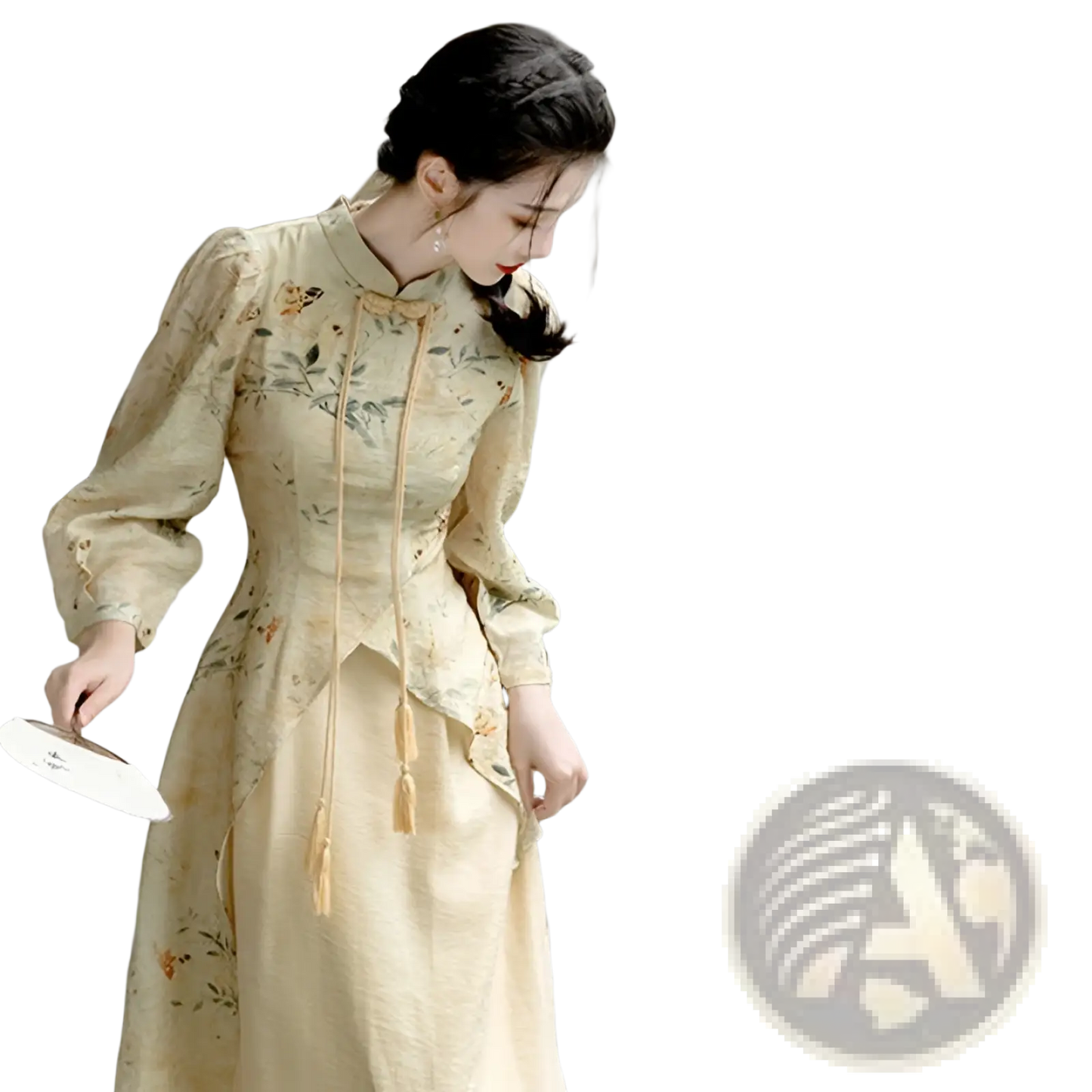 Embroidered Floral Apricot Cheongsam Dress with Tassels