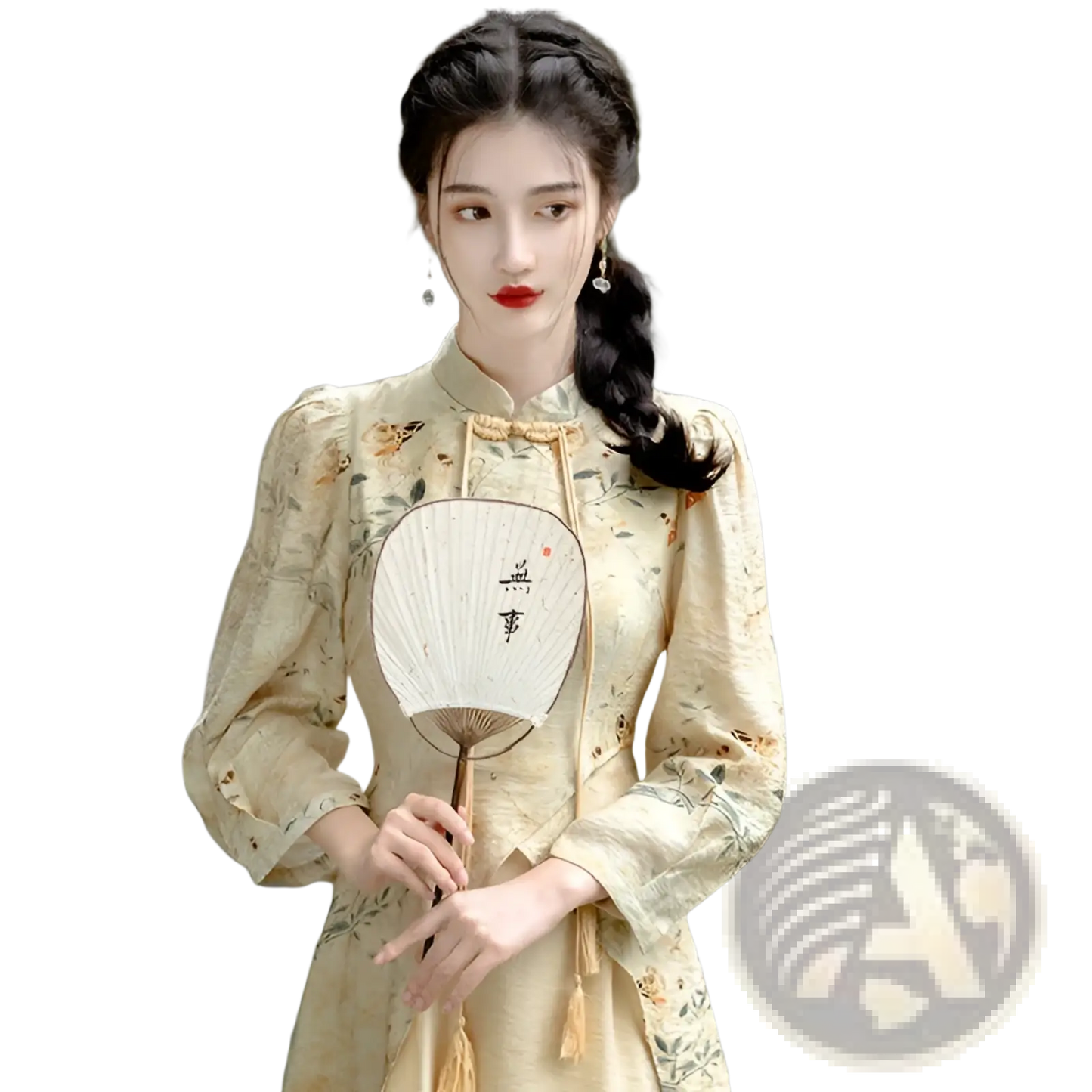 Embroidered Floral Apricot Cheongsam Dress with Tassels