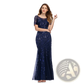 Embroidered Sequin Mermaid Evening Gown with Tulle Skirt
