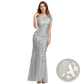 Embroidered Sequin Mermaid Evening Gown with Tulle Skirt