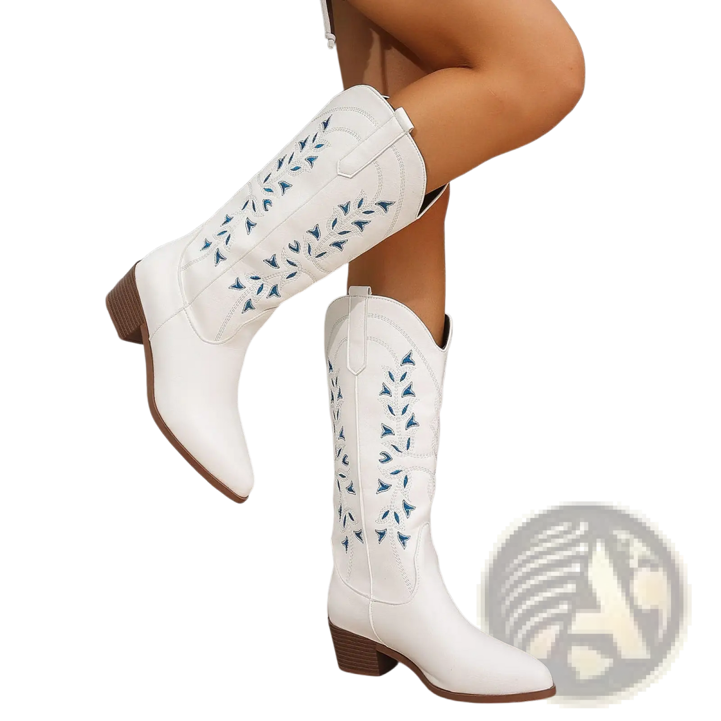 Embroidered Western Cowboy Boots Pointed Toe Chunky Heel