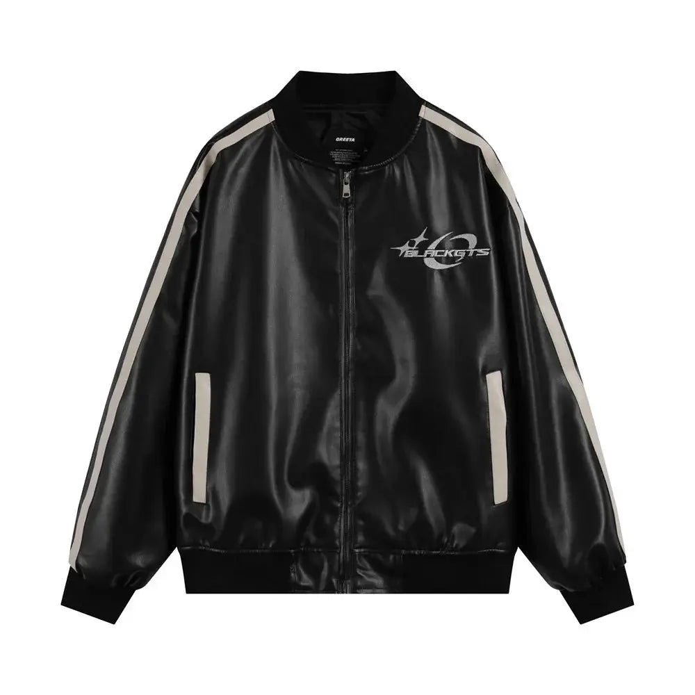 Men's Embroidered Stand Collar Pu Leather Statement Jacket