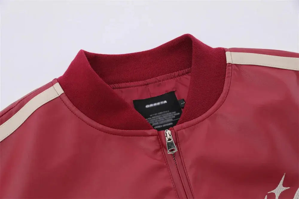 Men's Embroidered Stand Collar Pu Leather Statement Jacket
