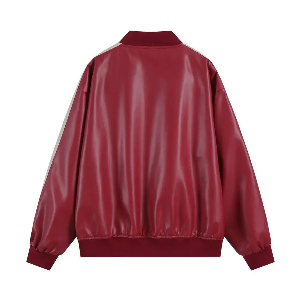Men's Embroidered Stand Collar Pu Leather Statement Jacket