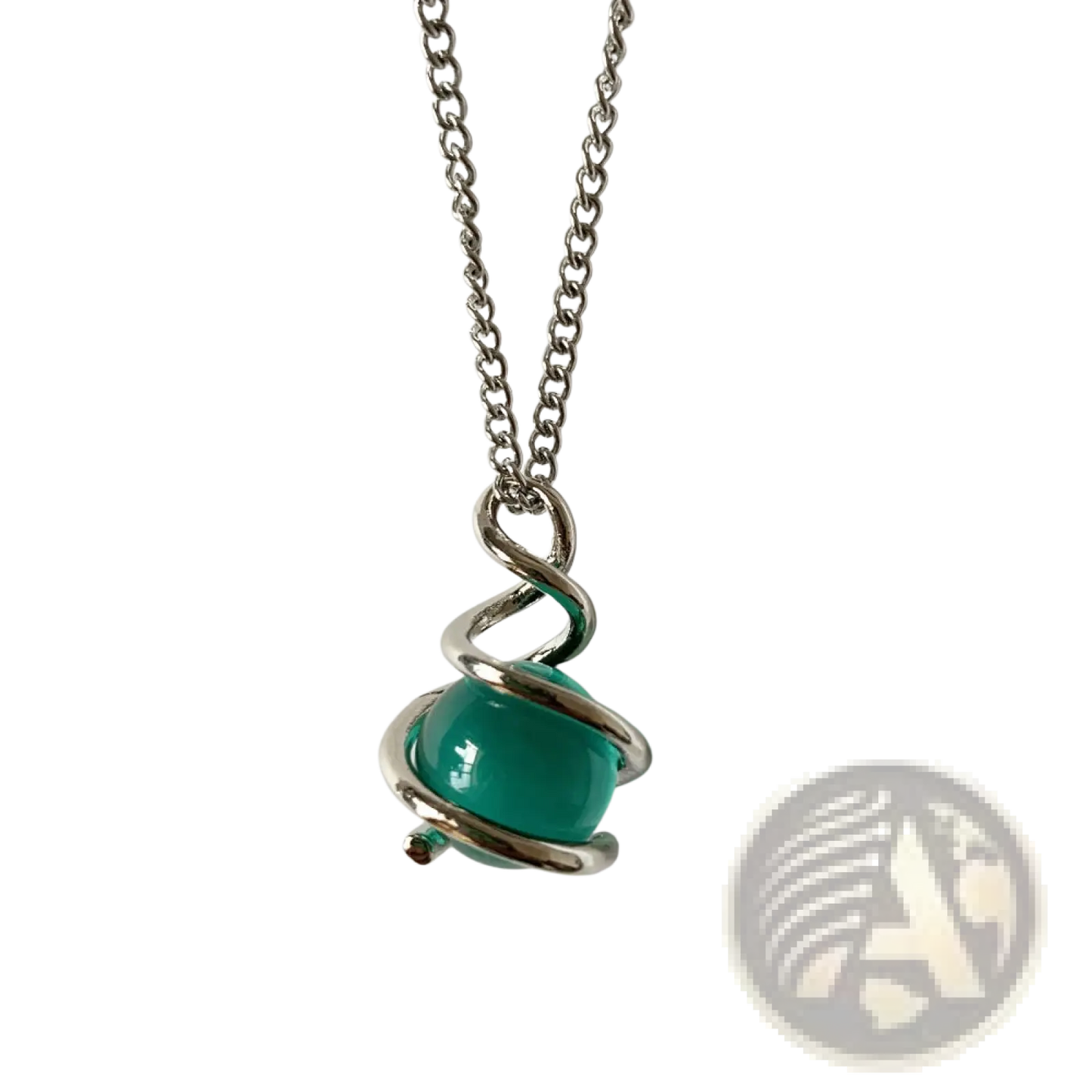 Emerald Green Glass Sphere Silver Spiral Pendant Necklace