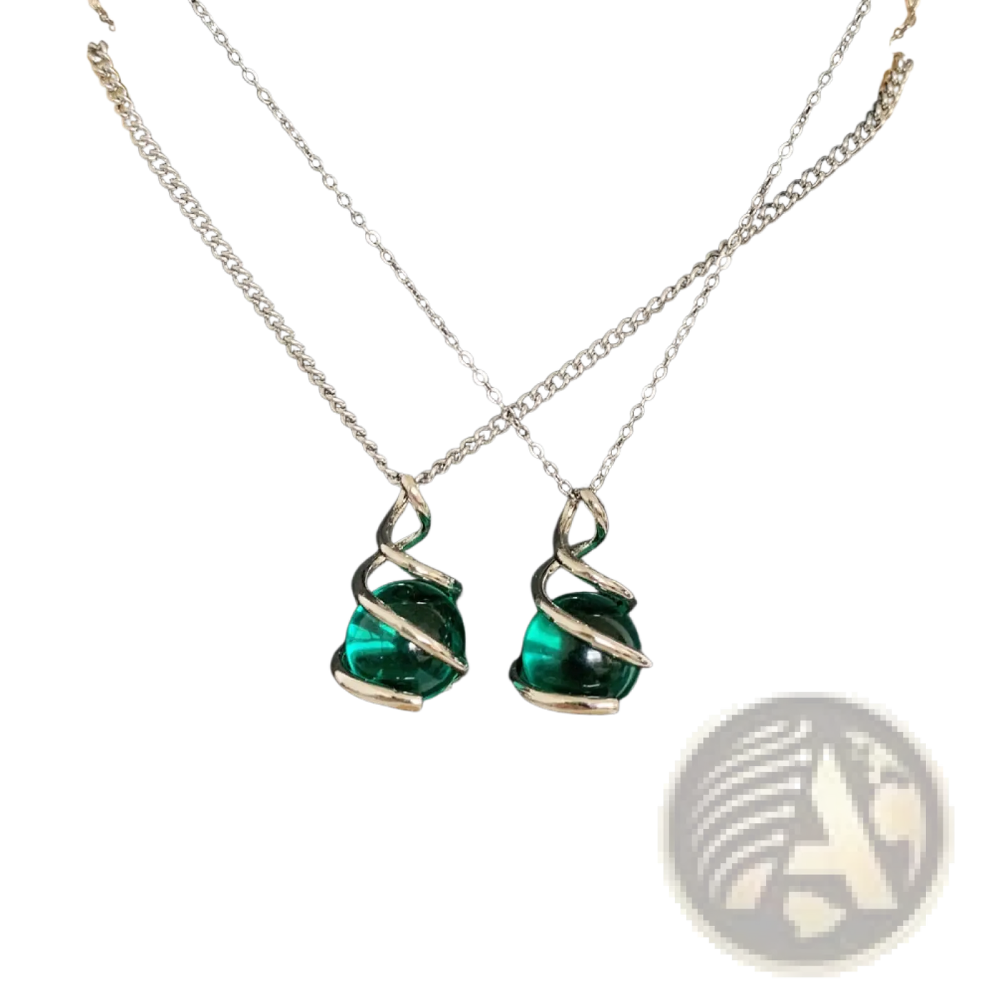 Emerald Green Glass Sphere Silver Spiral Pendant Necklace