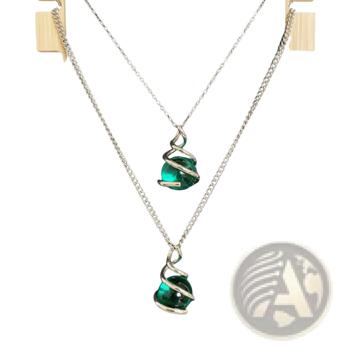 Emerald Green Glass Sphere Silver Spiral Pendant Necklace