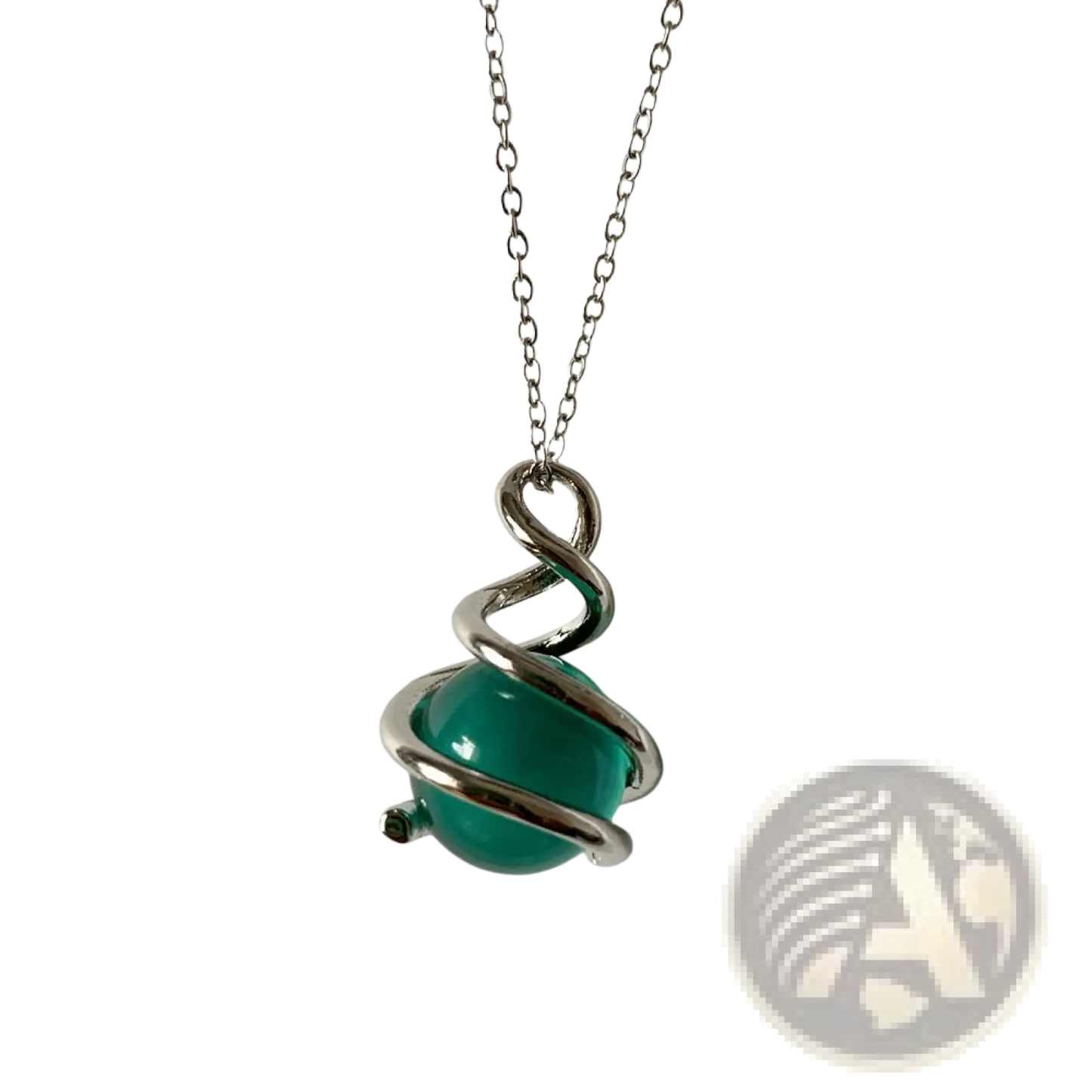 Emerald Green Glass Sphere Silver Spiral Pendant Necklace