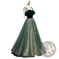 Emerald Velvet Off-shoulder Gown with Gold Embroidery