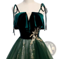 Emerald Velvet Off-shoulder Gown with Gold Embroidery