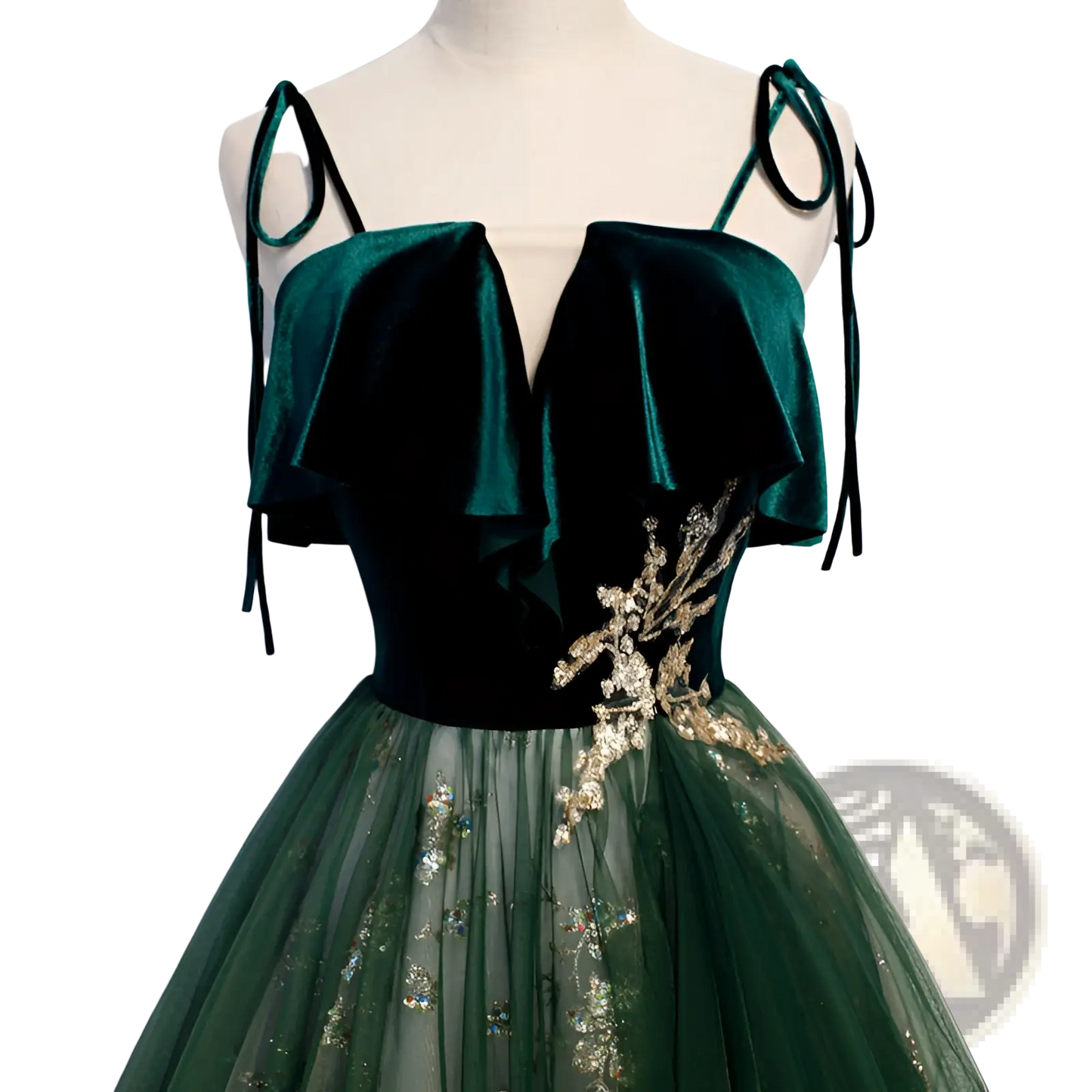 Emerald Velvet Off-shoulder Gown with Gold Embroidery