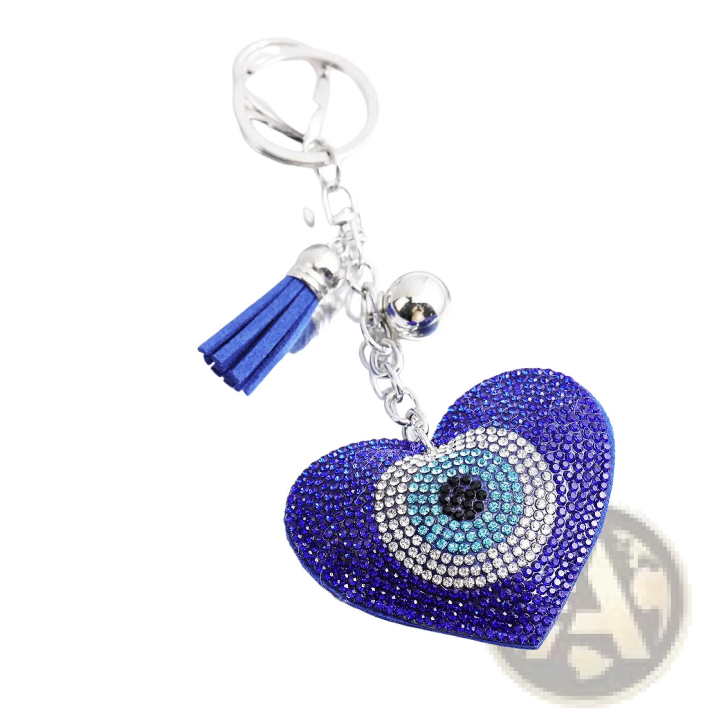 Evil Eye Heart Keychain Blue Rhinestone Leather Tassel