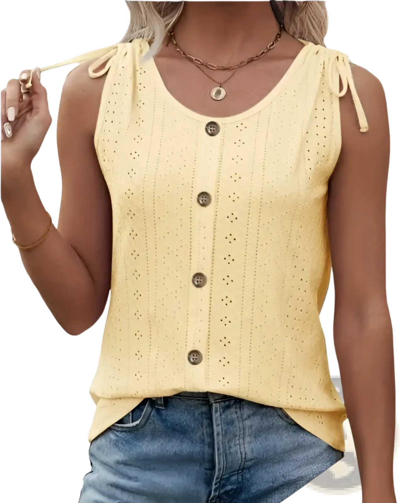 Eyelet Button Front Tank Top with Tie Straps