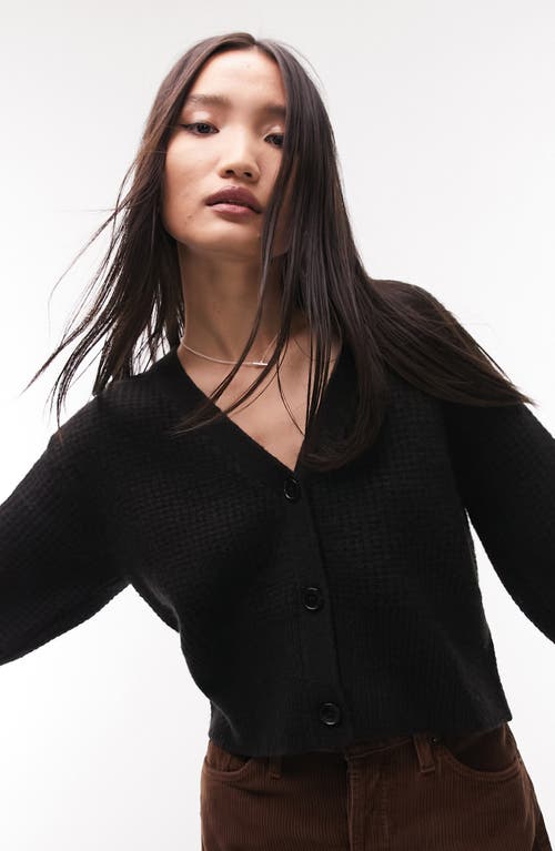 Topshop Waffle Knit Crop Cardigan in Black, Size Medium