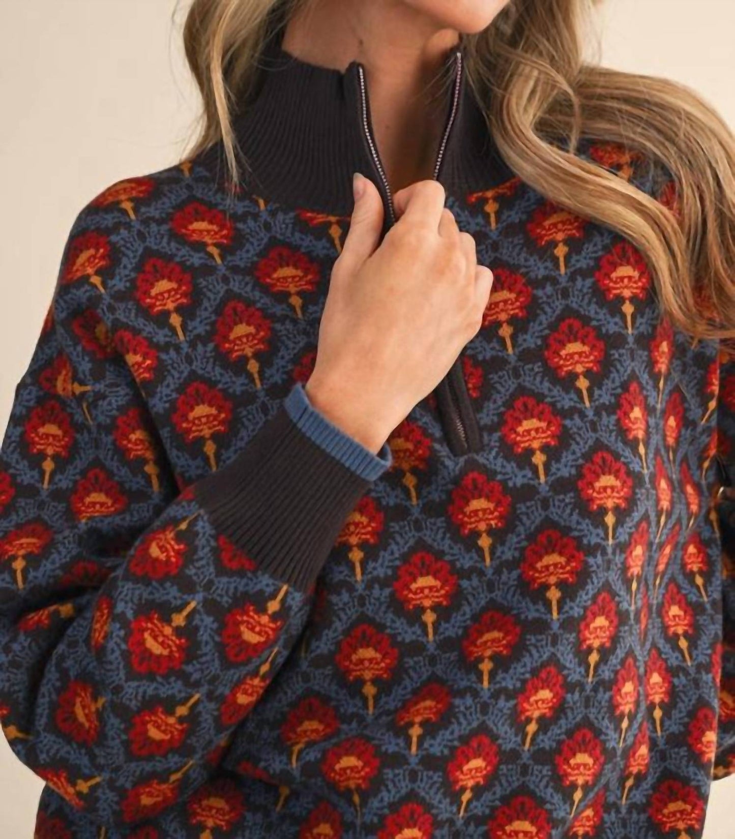 &Merci - Floral Mock Neck Half Zip Pullover