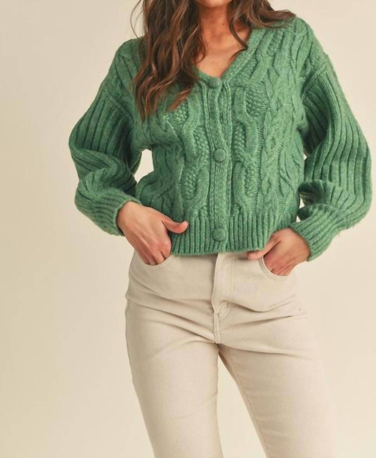 &Merci - CABLE KNIT PUFF SLEEVE SWEATER CARDIGAN