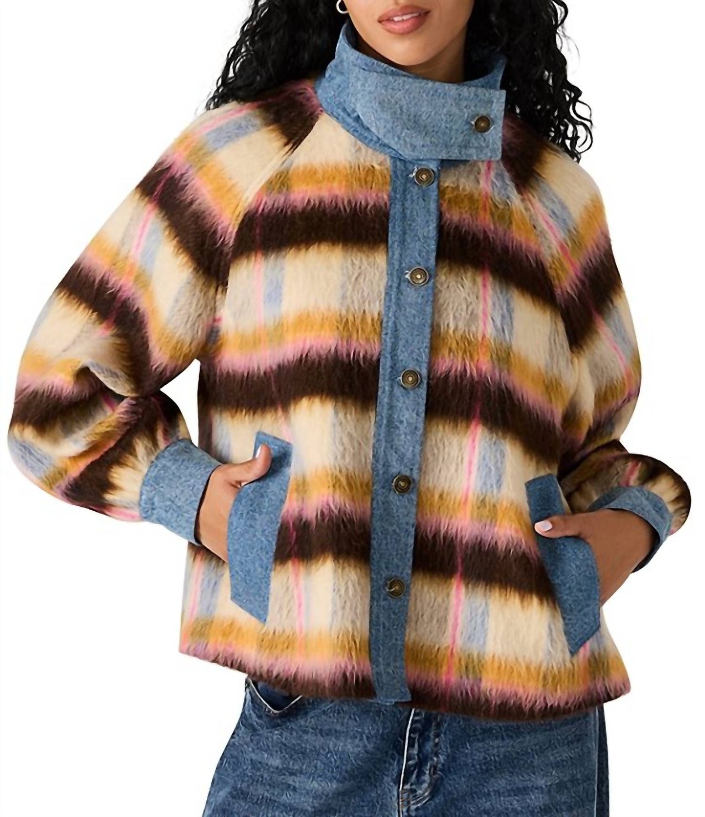 Steve Madden - Kaylen Wool Blend Plaid Mixed Media Jacket