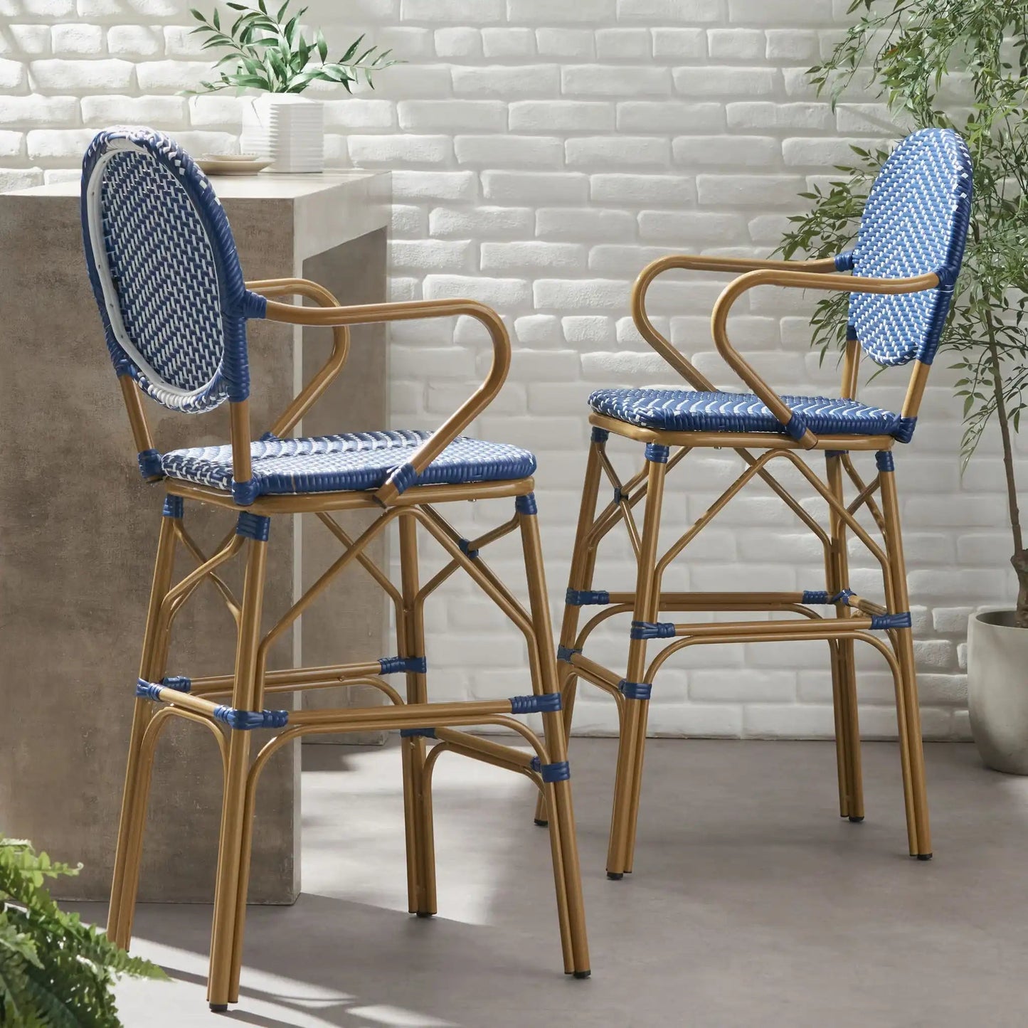 Outdoor Wicker and Aluminum French Barstools (Set of 2)
