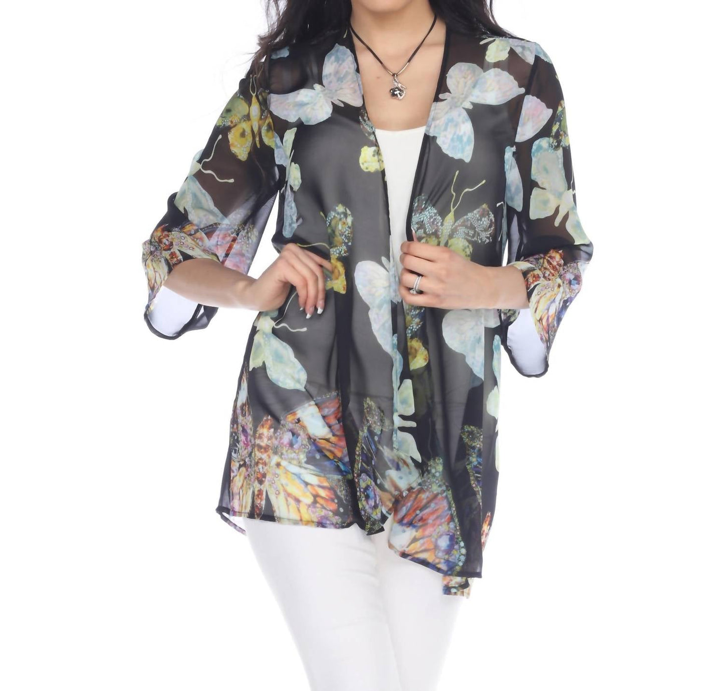 Arias - Sheer Butterfly Print Kimono Cardigan