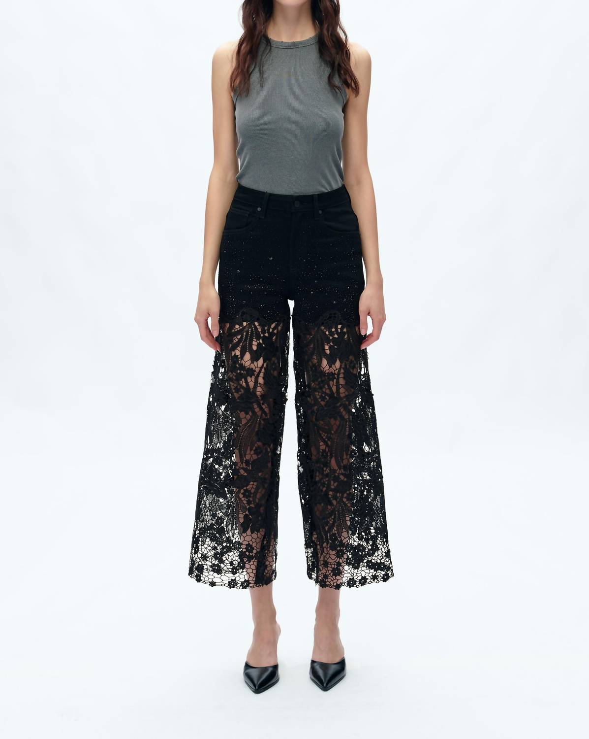 Bayeas - Women's Crystal Embellished Lace Jeans
